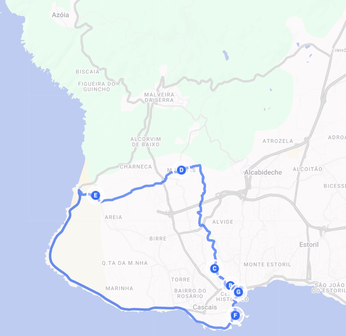 Map of the The Countryside and Coast route around Cascais