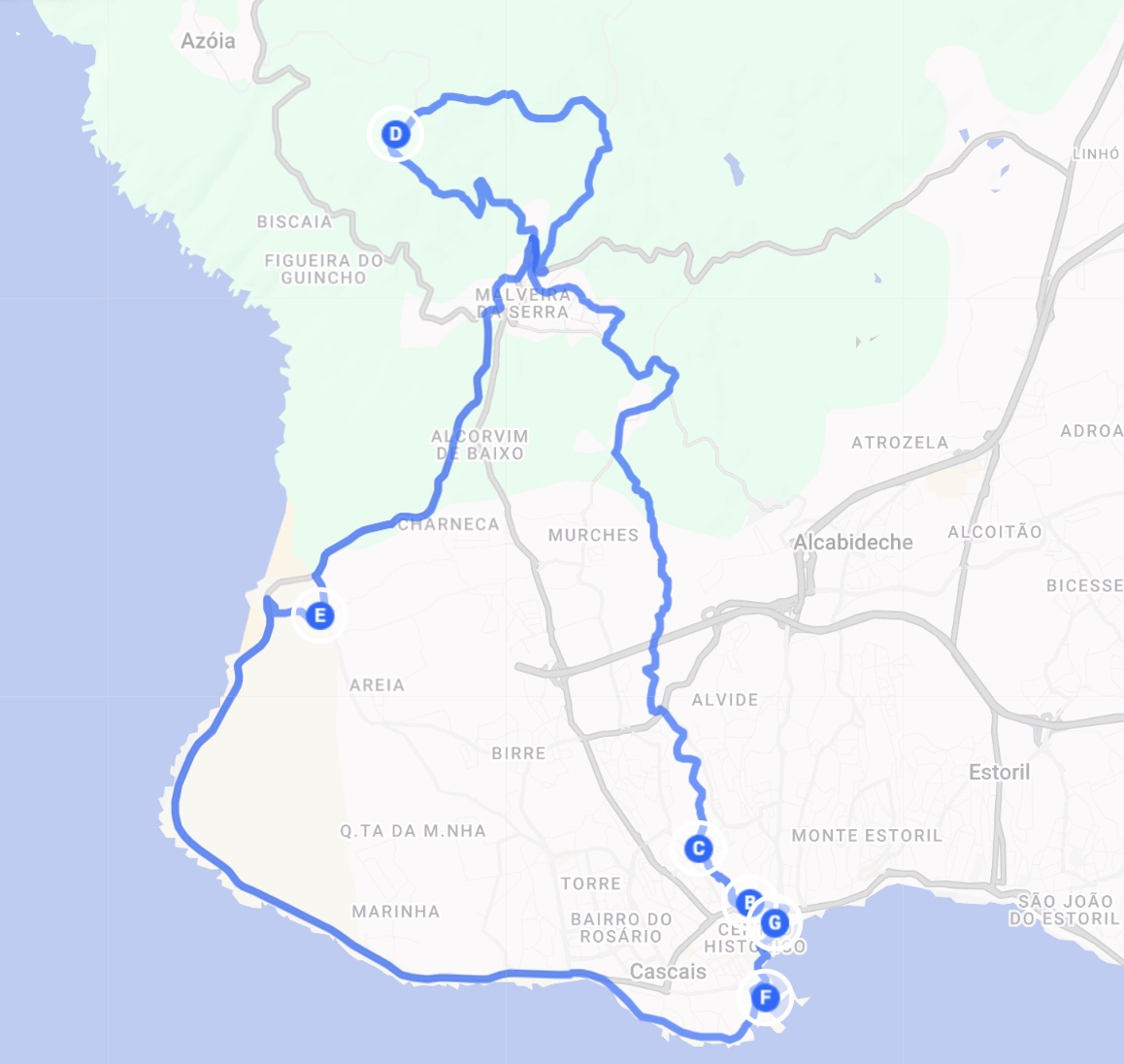 Map of the The Hilltop Explorer route around Cascais
